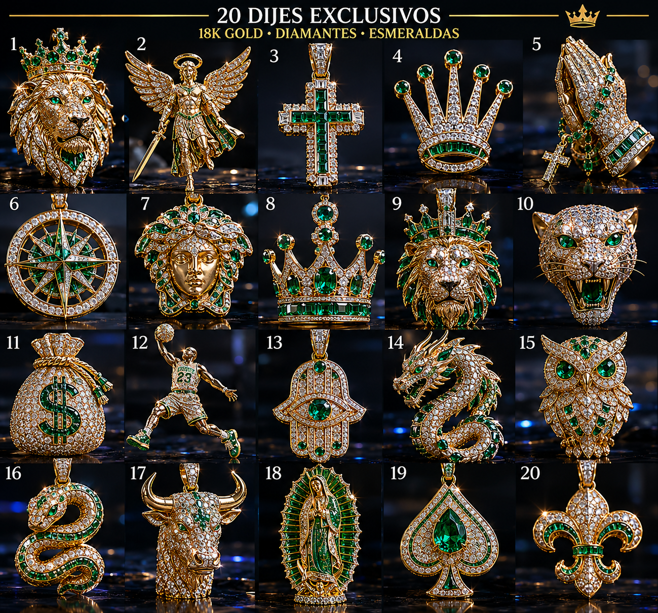 Catálogo 20 Dijes Exclusivos 18K León Crown Cruz Corazón Serpiente